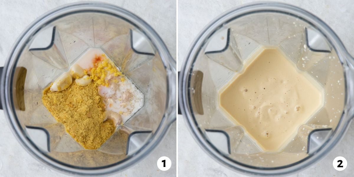 2 image collage of blender with ingredients for recipe before and after being blended.