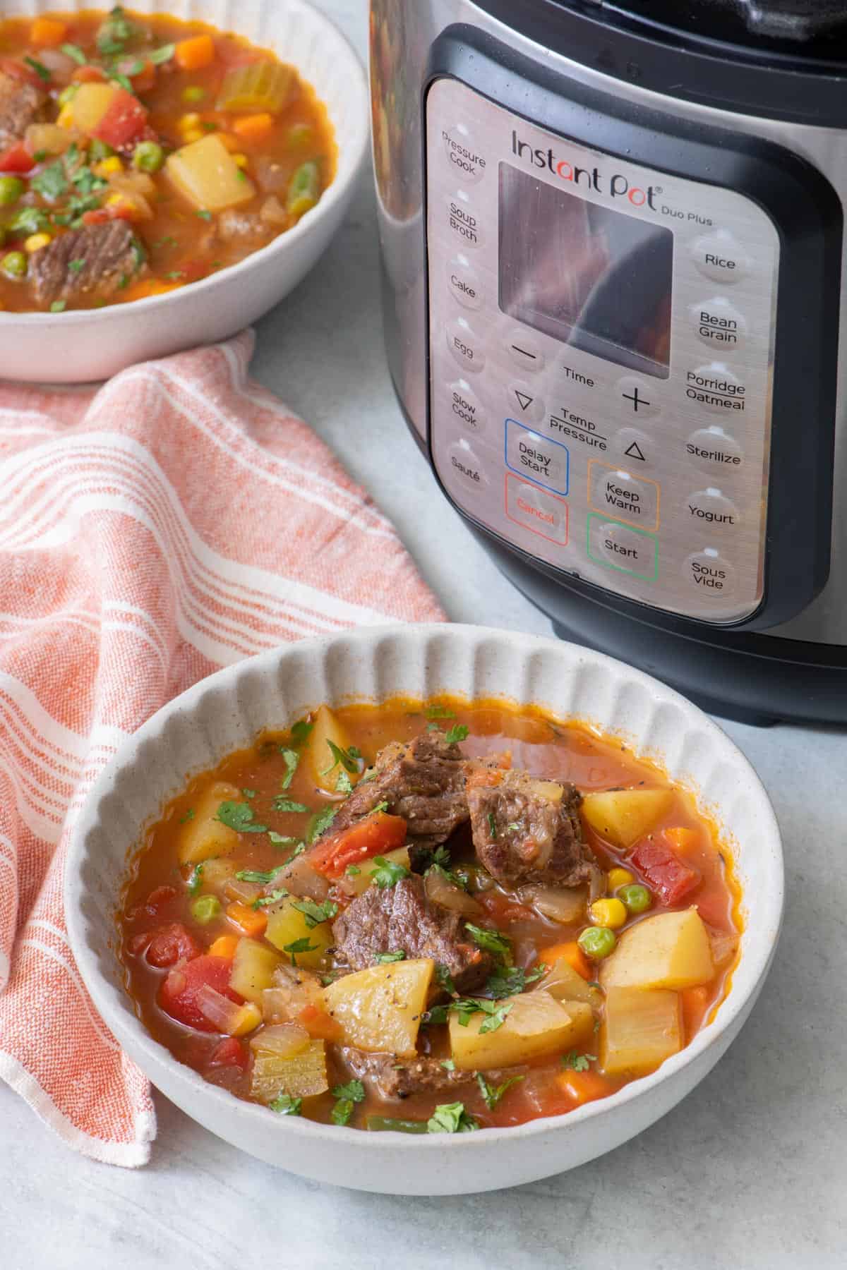 Two bowls of recipe in front of instant pot.