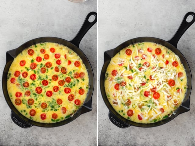 Collage showing a cast iron pan with the tomatoes added then cheese added