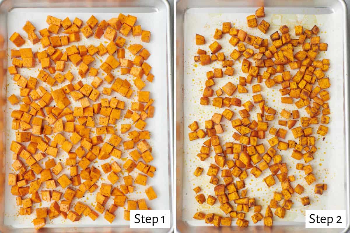 2 image collage showing diced sweet potatoes on a parchment lined sheet pan before and after roasting.