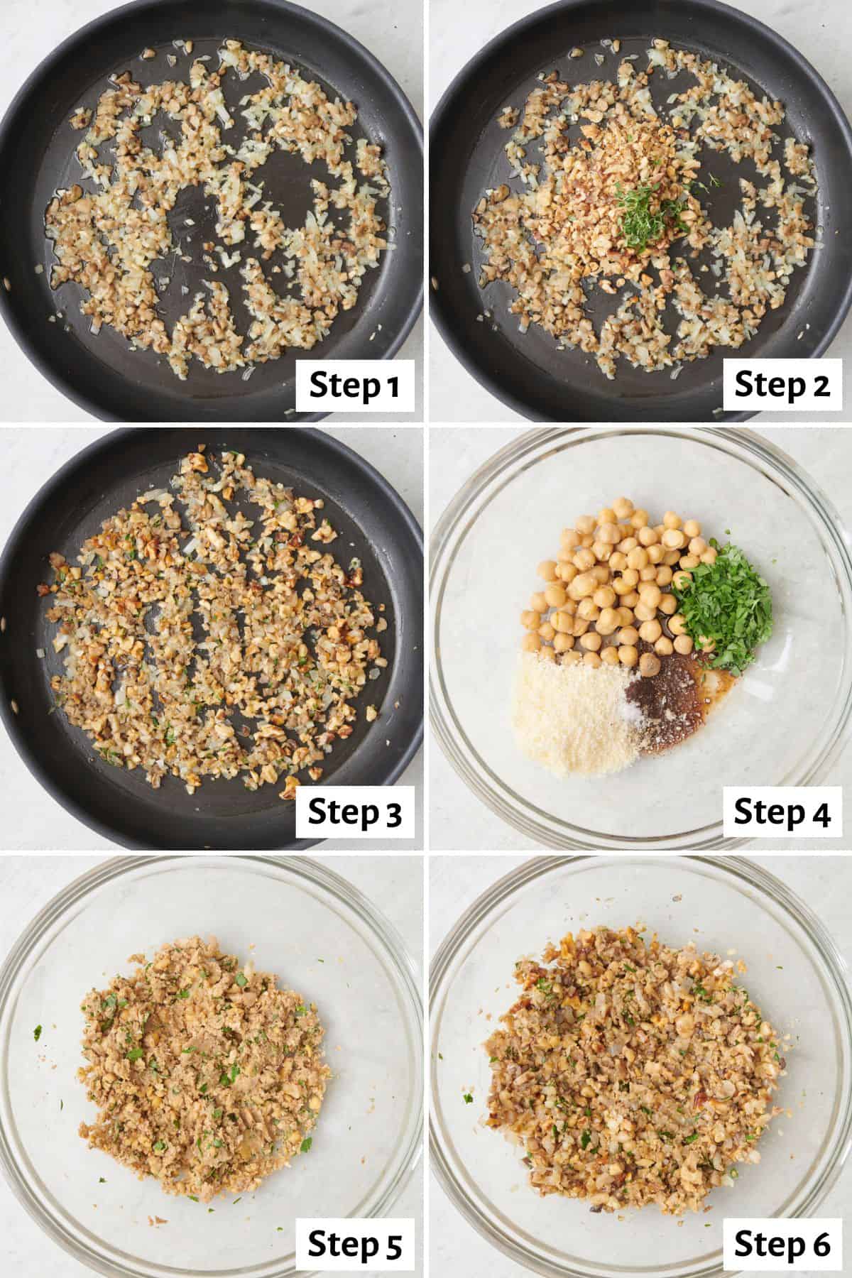 Process shot of frying the onions, mushroom stems and garlic, then adding the walnuts and herbs