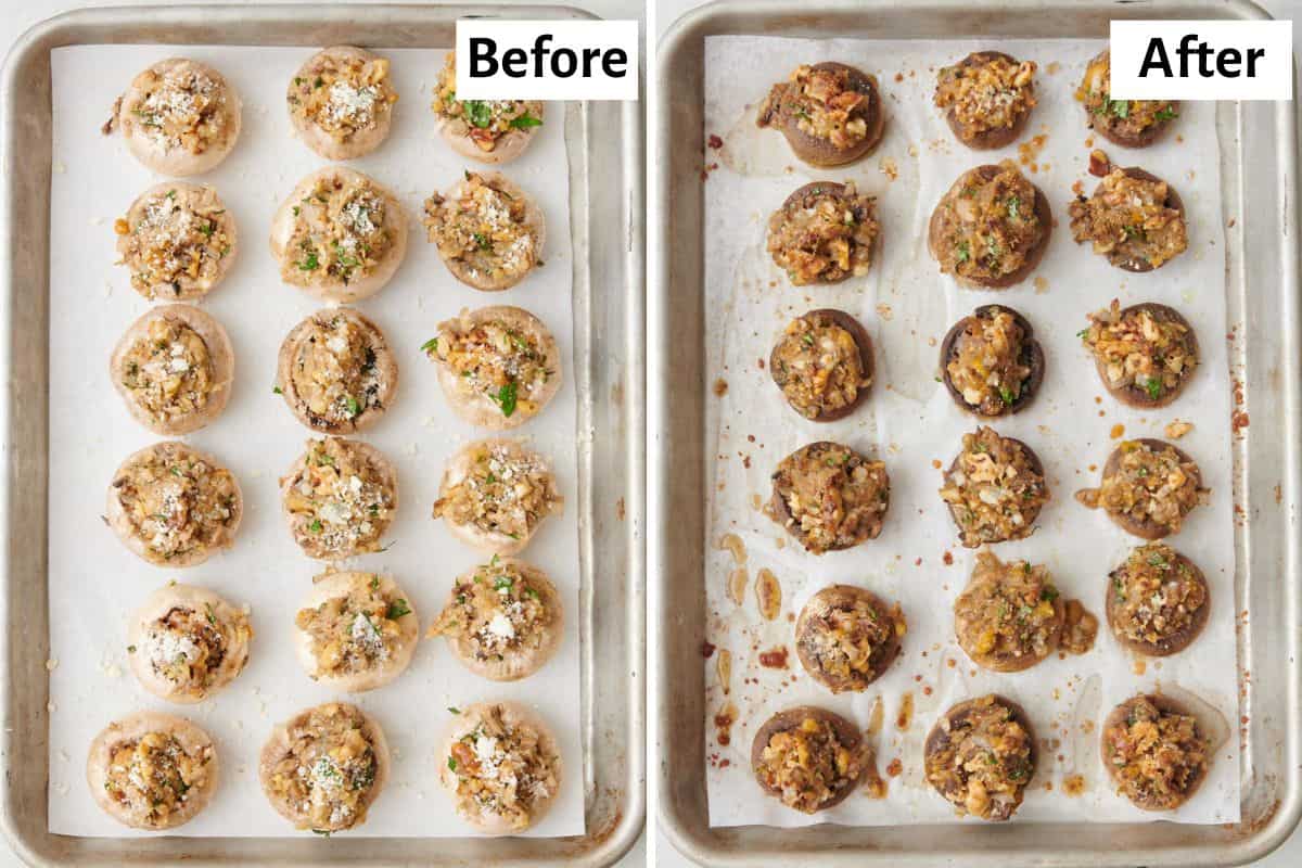 Process shots showing how to stuff mushrooms and then adding parmesan cheese on top