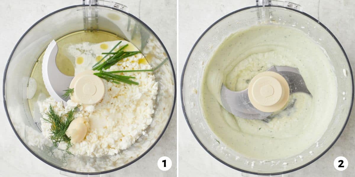 2 image collage before and after blending recipe ingredients in a food processor until creamy and a light shade of green from the added herbs.