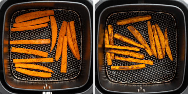 Showing the sweet potato fries in air fryer before and after cooking