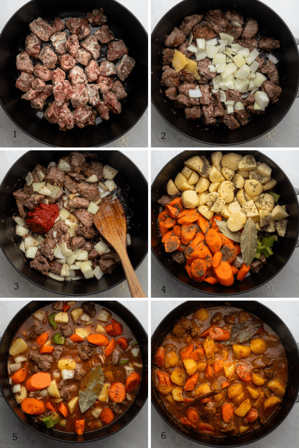 Step by step shots to show how to make the beef stew in a dutch oven