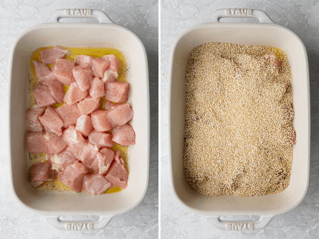 Process shots showing the cubed chicken in the dish and then adding quinoa on top