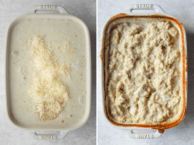 Process shots showing the dish before and after baking