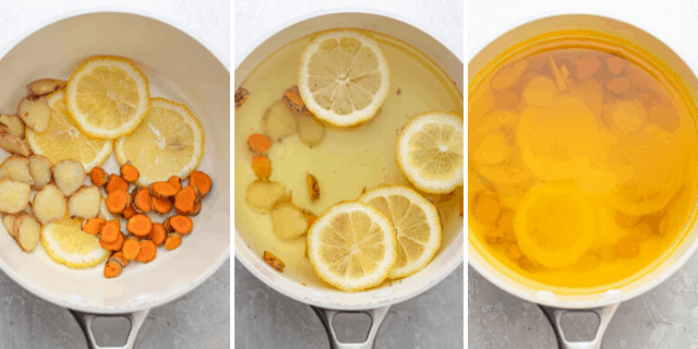 Three shots to show how to make the drink in a pan
