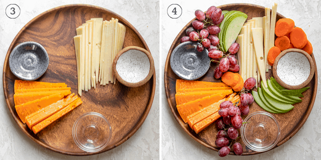 Collage showing pinch bowls getting added and then fruits and vegetables getting added