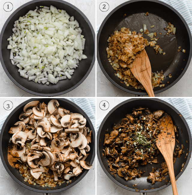 Process shots showing how to caramelize the onions, then cook the mushrooms and herbs on top