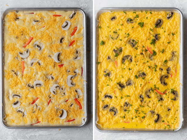 The sheet pan eggs before and after cooking