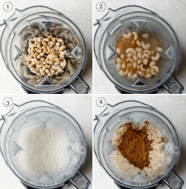 Process shots showing the blender with cashews, water, then cocoa and cinnamon being added